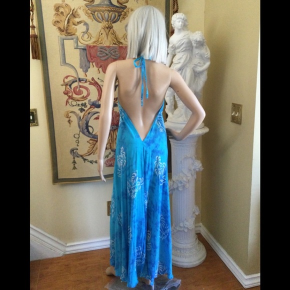 Bohemian Tie Dye Maxi Dress, Halter Backless, Asymmetrical Swim Cover Up Turq OS - Picture 1 of 16